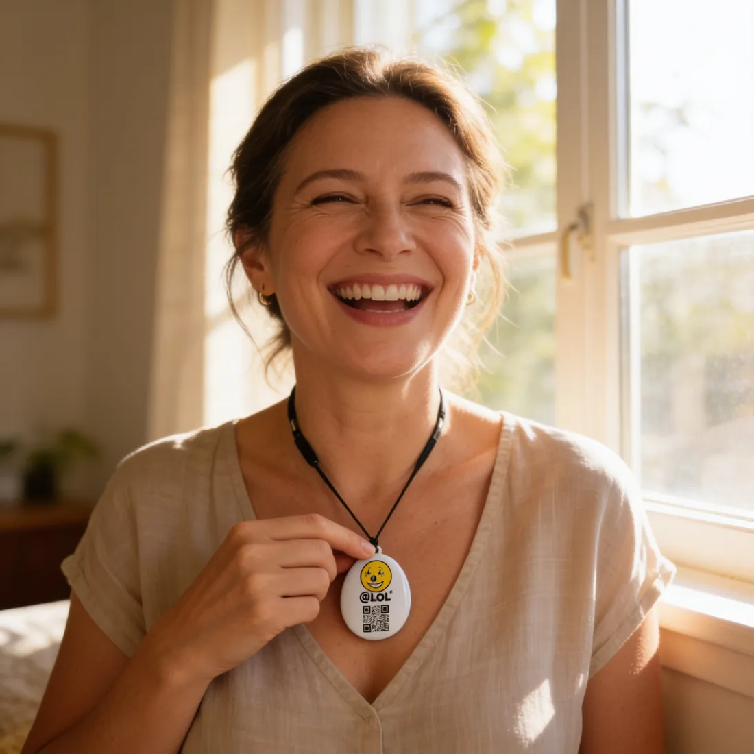 Femme souriant aux éclats, tenant le dispositif ALOL© porté au cou, à la lumière d'une fenêtre